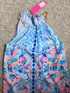 Lilly Pulitzer Blue Pink Coral Print Chain-Strap Bodysuit